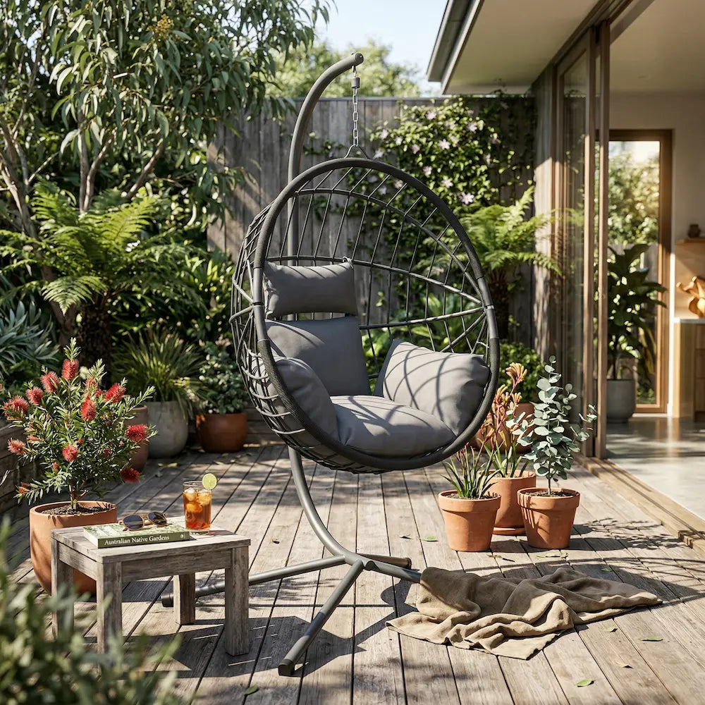 Hanging Egg Chair in a Sunny Australian Garden Patio