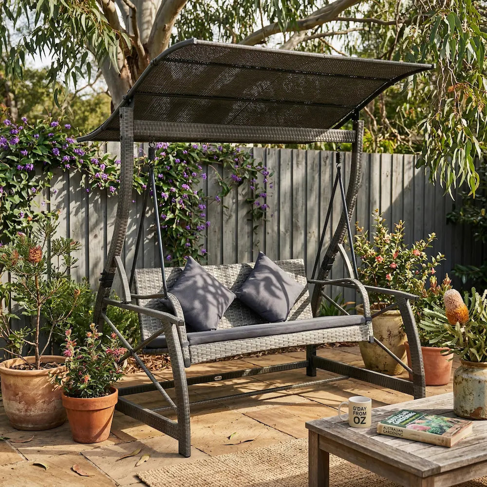 Anthracite Garden Swing Bench with Canopy in Sunny Garden