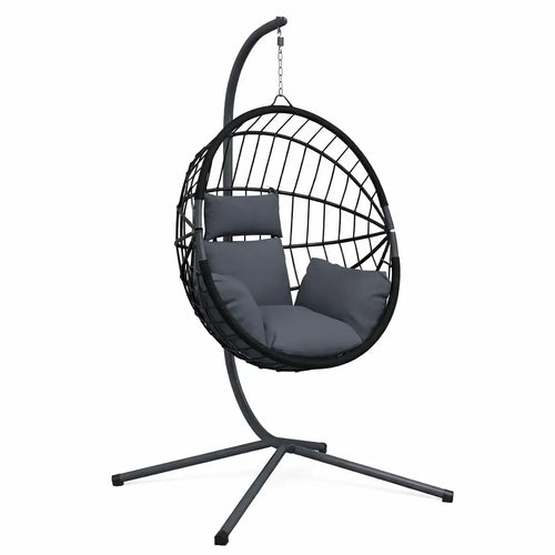 Anthracite Hanging Egg Chair with Stand and Cushion on White Background