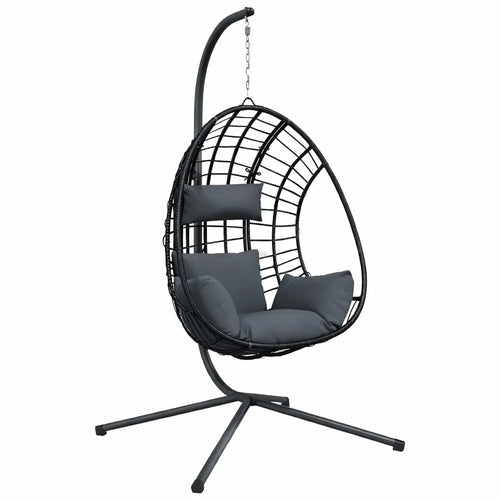 Anthracite Hanging Egg Chair with Stand and Cushion on White Background