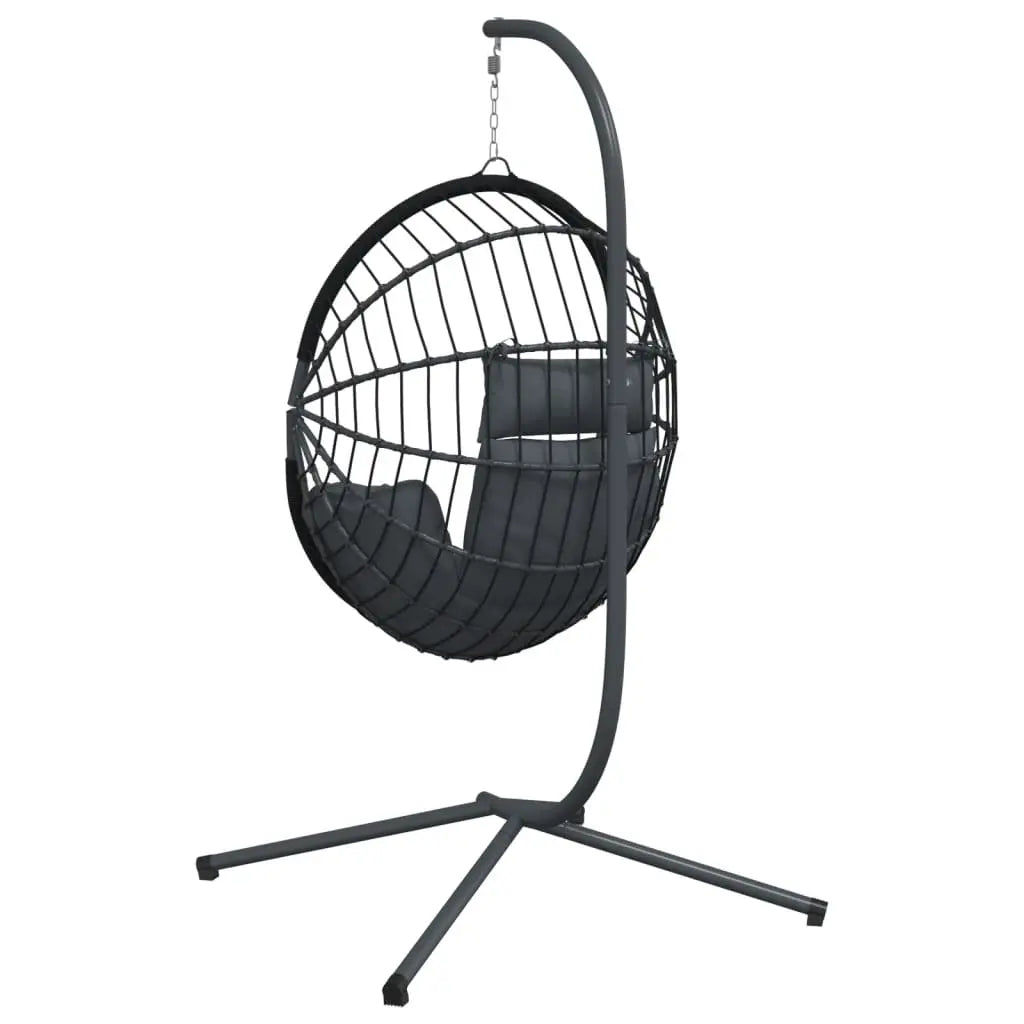 Back View of Anthracite Hanging Egg Chair with Stand and Cushion on White Background
