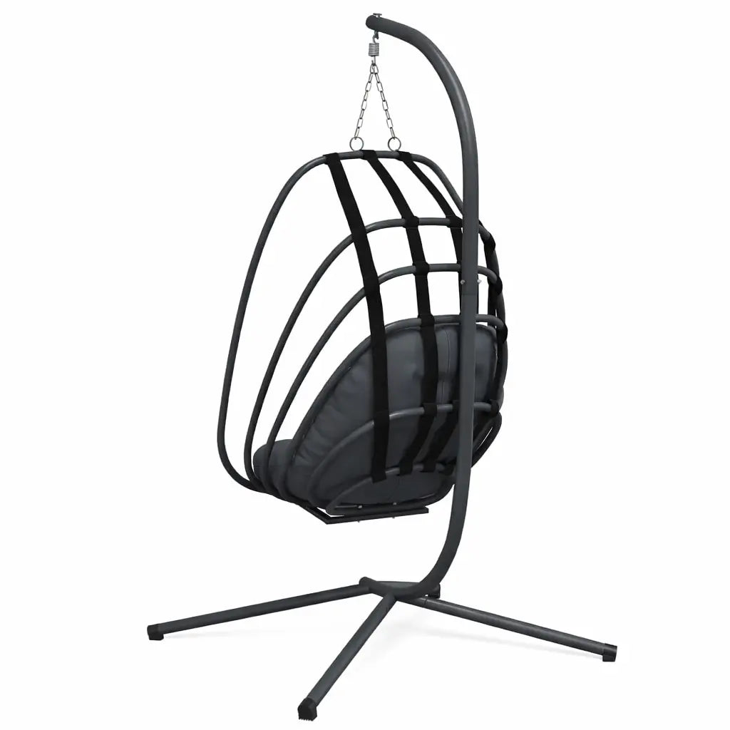 Back View of Anthracite Hanging Egg Chair with Stand and Cushion on White Background