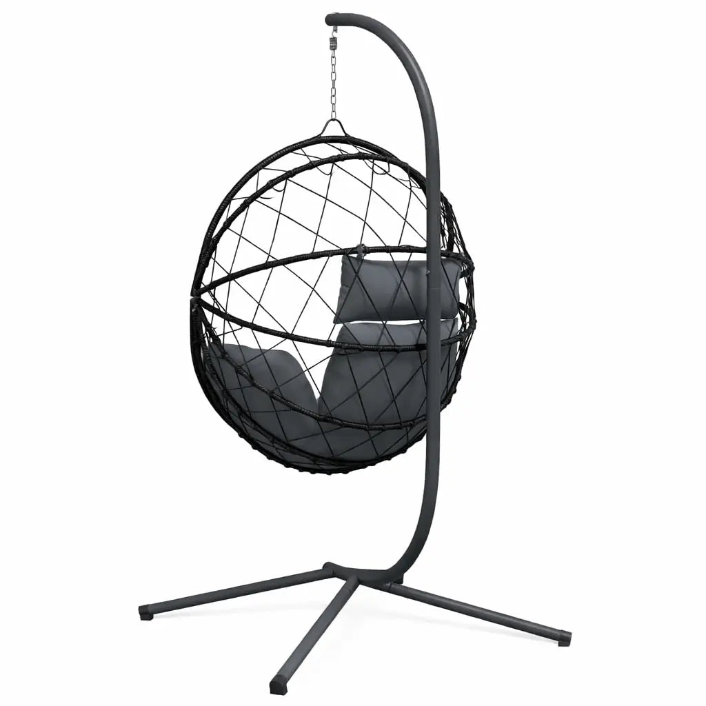 Back View of Anthracite Hanging Egg Chair with Stand and Cushion on White Background