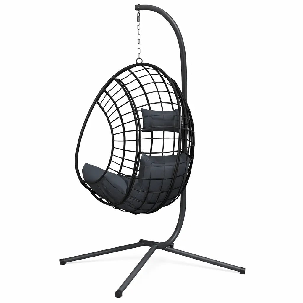 Back View of Anthracite Hanging Egg Chair with Stand and Cushion on White Background