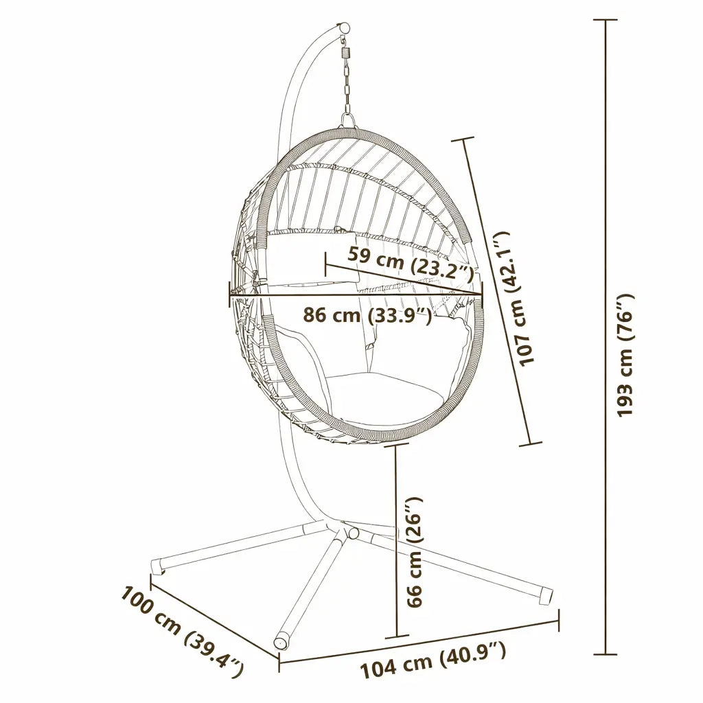 Dimensions of Anthracite Hanging Egg Chair with Stand and Cushion on White Background