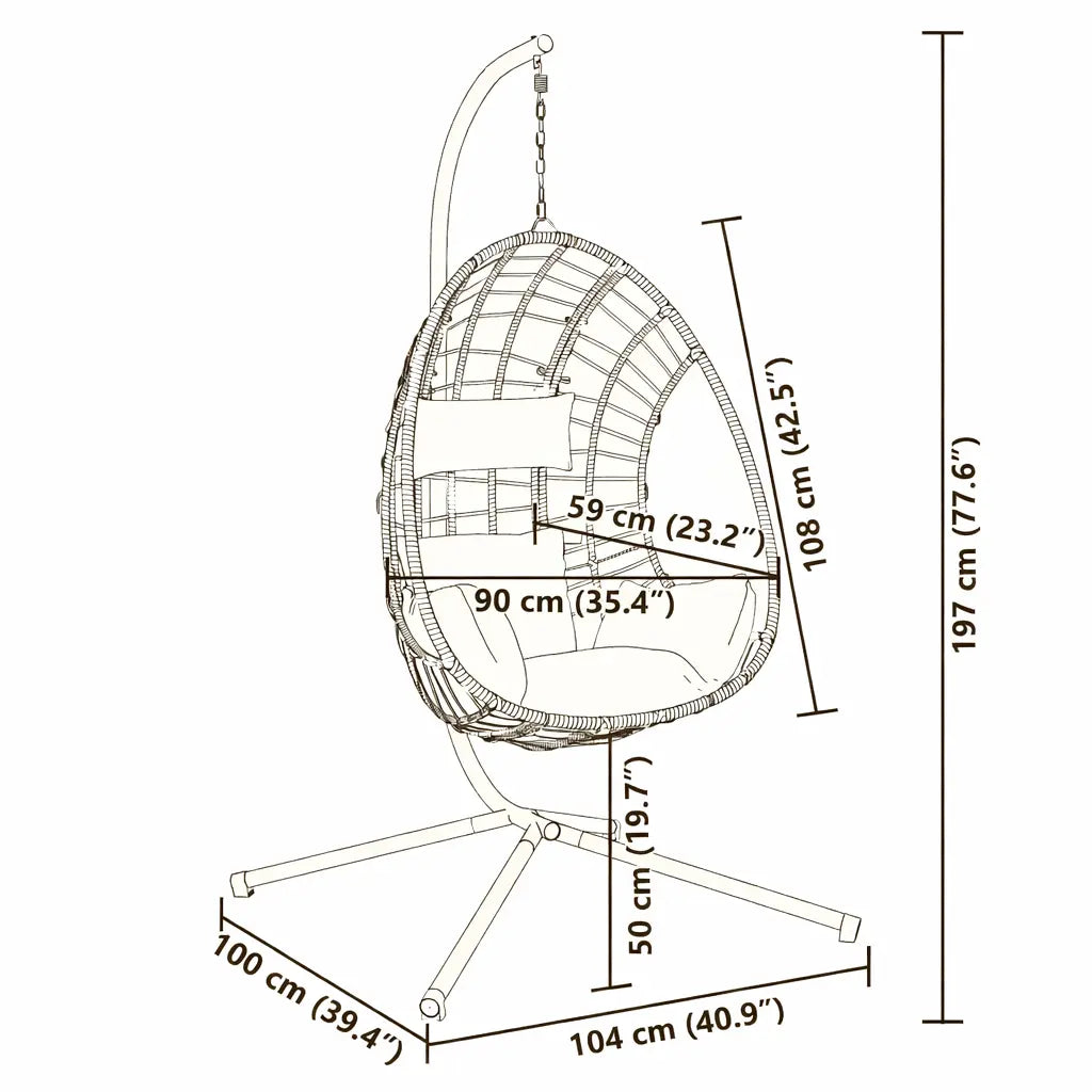 Dimensions of Anthracite Hanging Egg Chair with Stand and Cushion on White Background