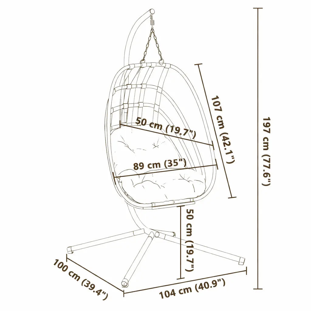 Dimensions of Anthracite Hanging Egg Chair with Stand and Cushion on White Background