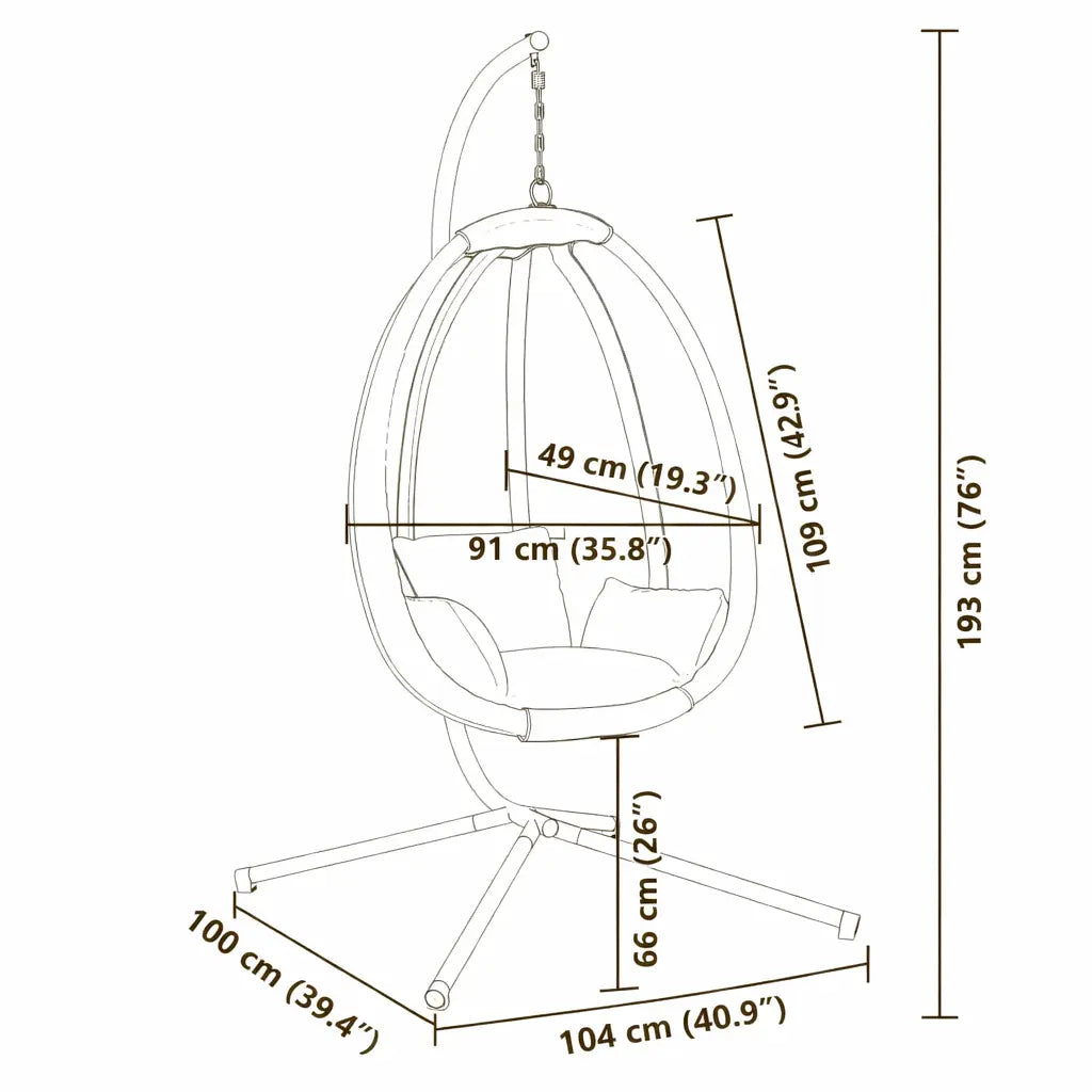 Dimensions of Anthracite Hanging Egg Chair with Stand and Cushion on White Background