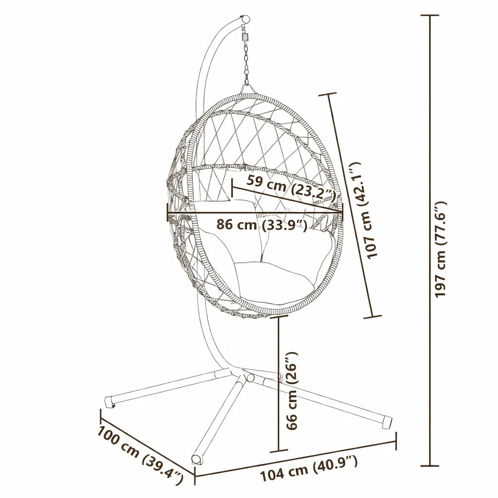 Dimensions of Anthracite Hanging Egg Chair with Stand and Cushion on White Background