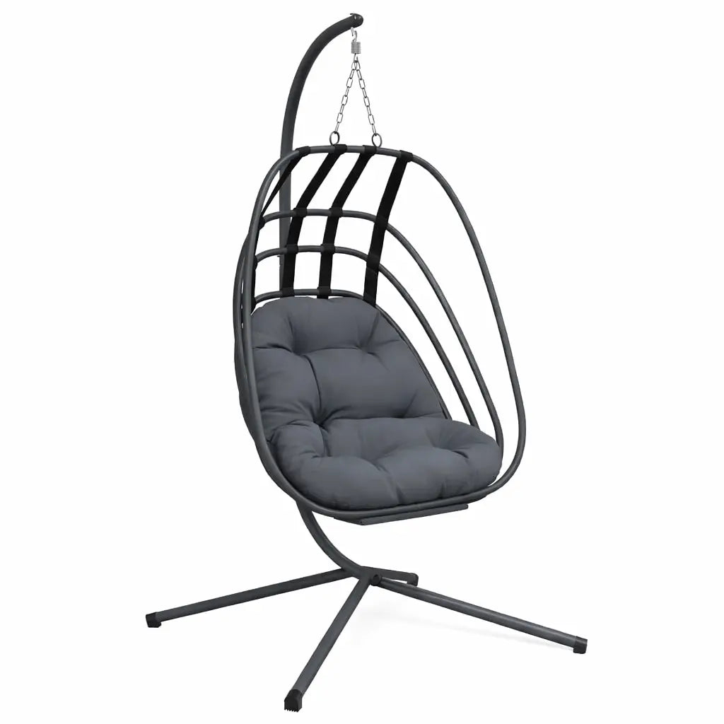 Anthracite Hanging Egg Chair with Stand and Cushion on White Background