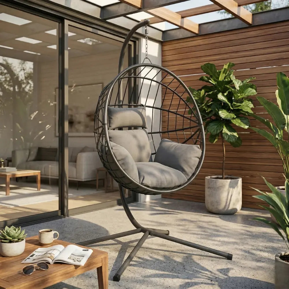 Anthracite Hanging Egg Chair with Stand and Cushion on Patio