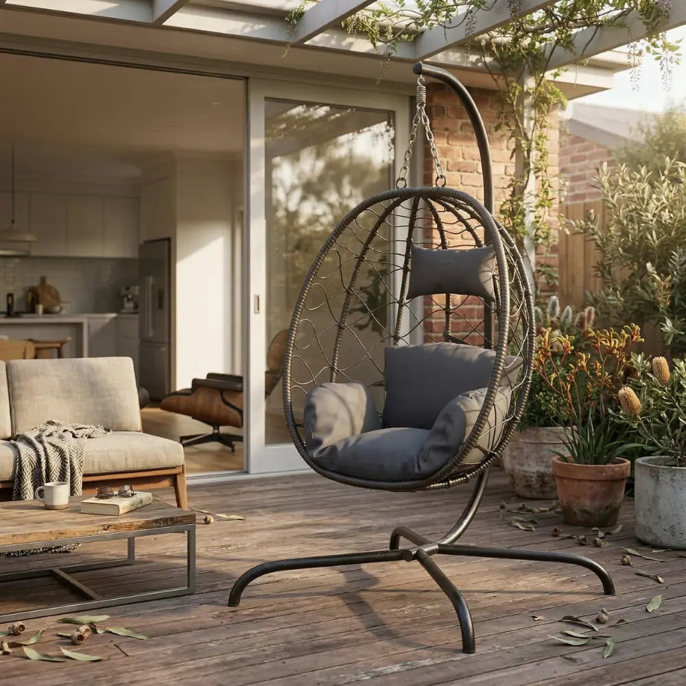 Anthracite Hanging Egg Chair with Stand and Cushion on Australian Patio