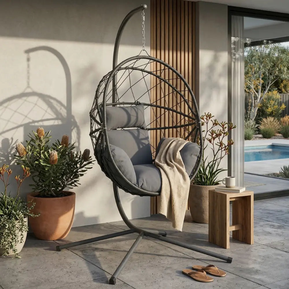 Anthracite Hanging Egg Chair with Stand and Cushion on Patio