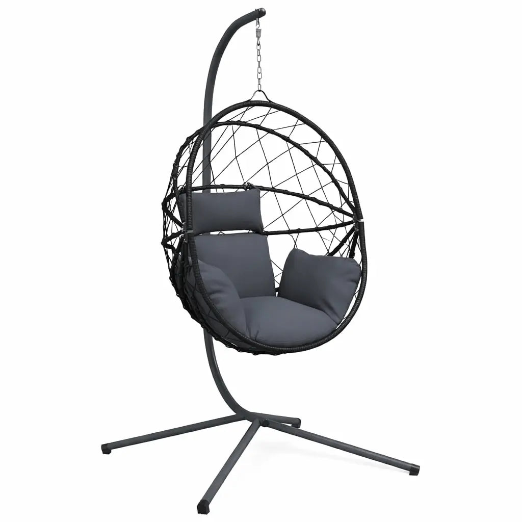 Anthracite Hanging Egg Chair with Stand and Cushion on White Background