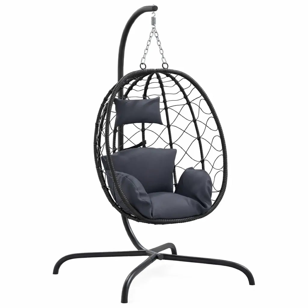 Anthracite Hanging Egg Chair with Stand and Cushion on White Background
