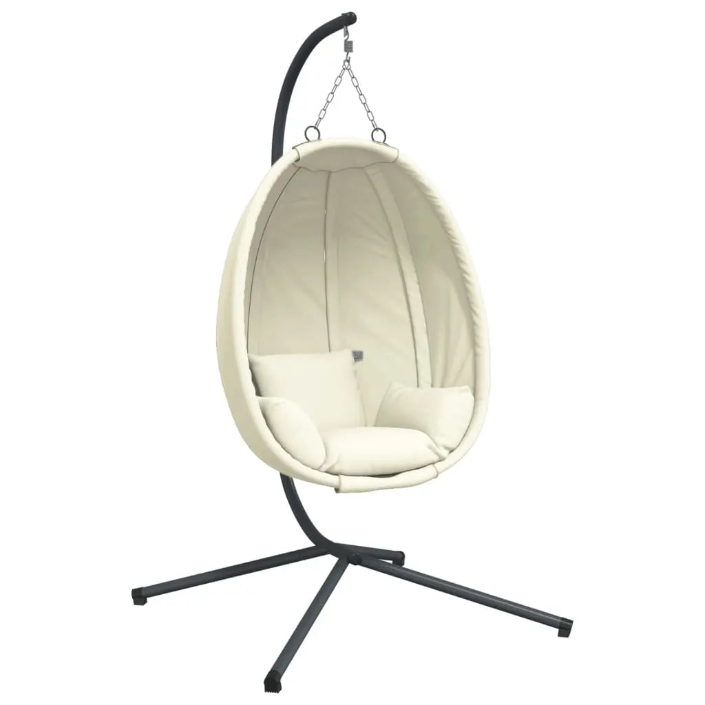Beige Hanging Egg Chair with Stand and Cushion on White Background