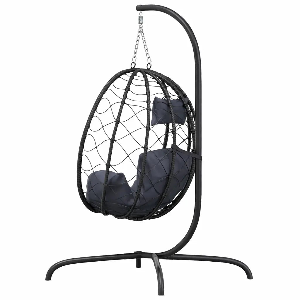 Back View of Anthracite Hanging Egg Chair with Stand and Cushion on White Background