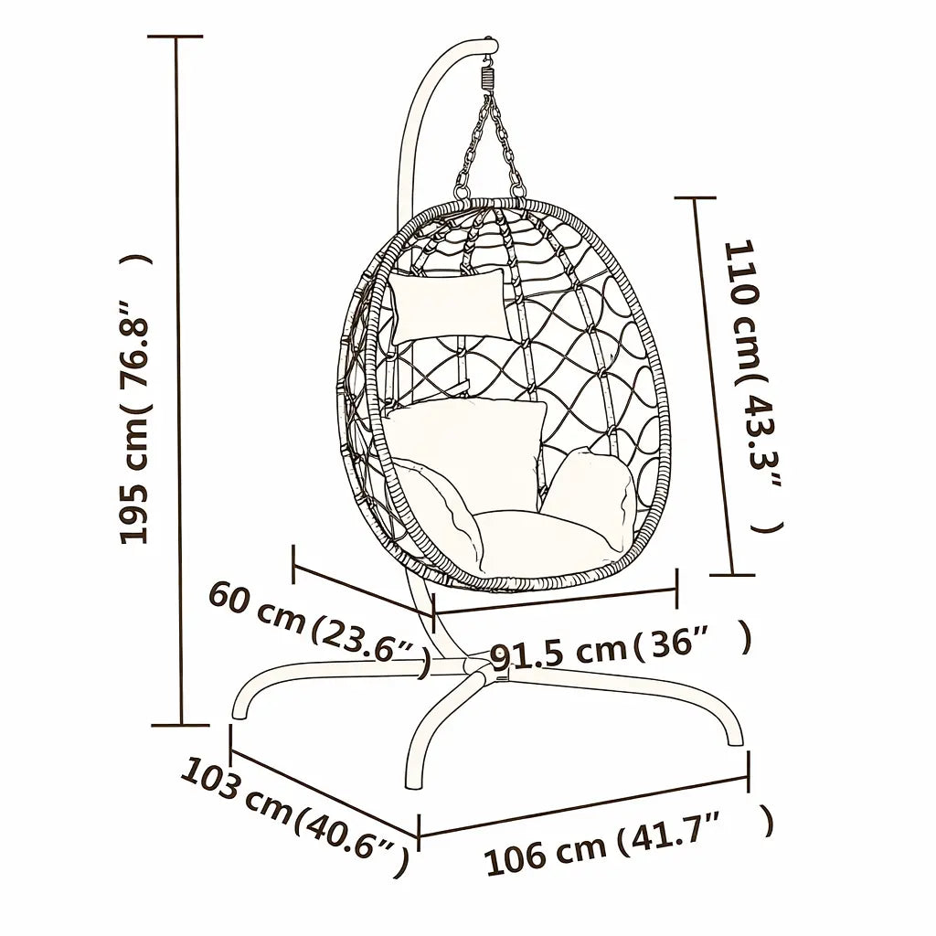 Dimensions of Anthracite Hanging Egg Chair with Stand and Cushion on White Background