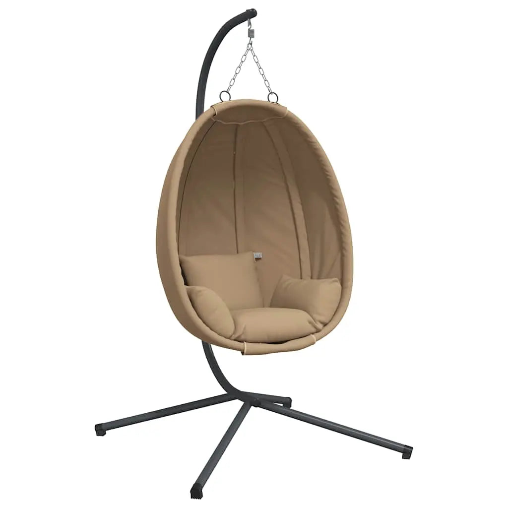 Taupe Hanging Egg Chair with Stand and Cushion on White Background