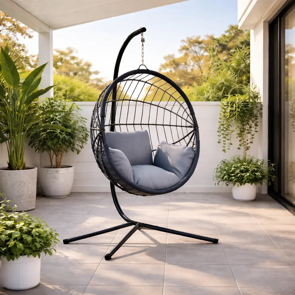 Black Stand for Hanging Egg Chair on Patio