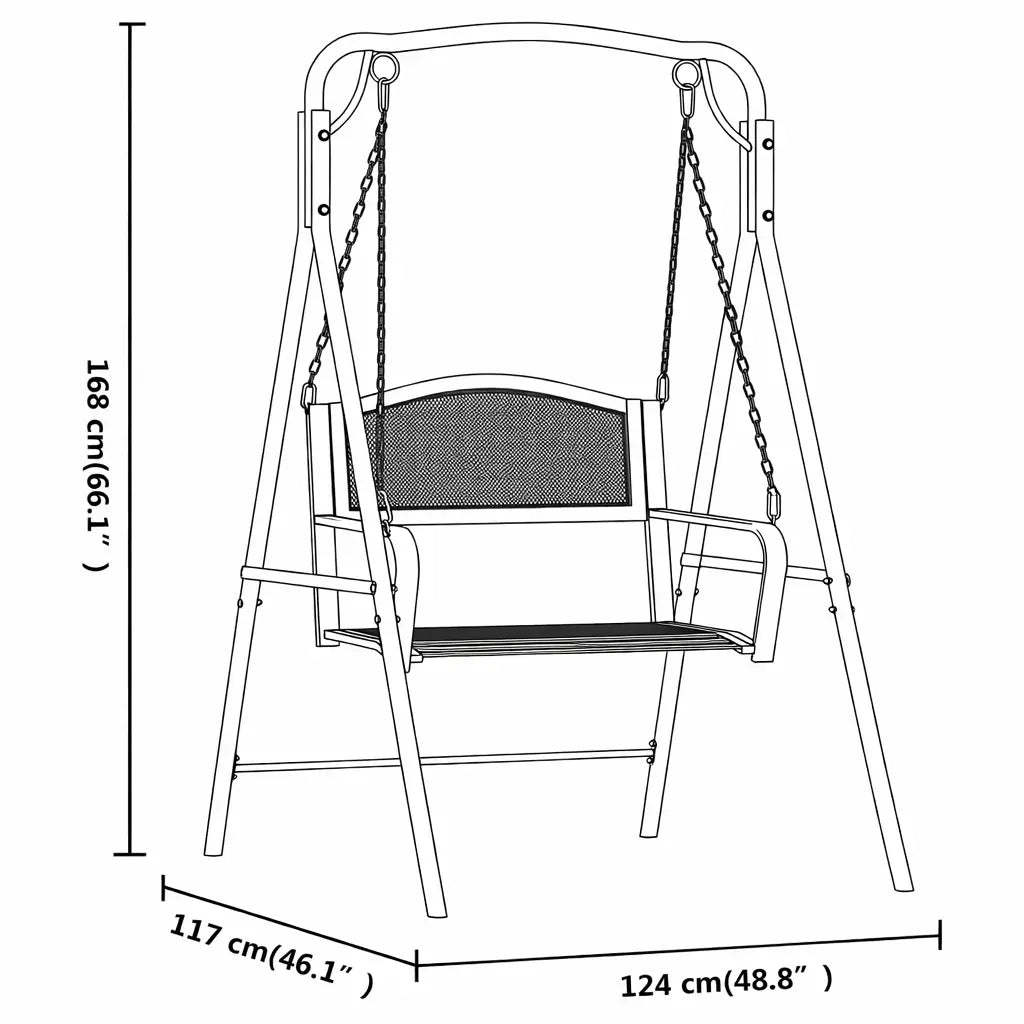 Dimensions of black Steel Swing Bench Chair on White Background