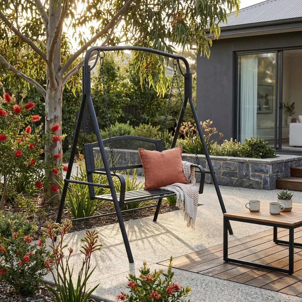 black Steel Swing Bench Chair on Patio