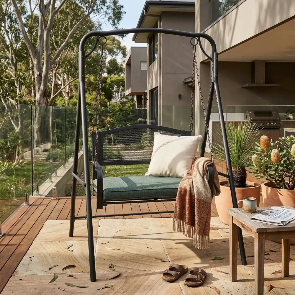 black Steel Swing Bench Chair on Patio