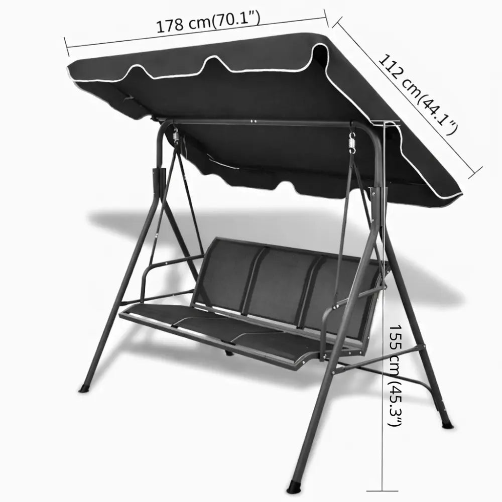 Dimensions of Black Outdoor Garden Swing Bench with Canopy on White Background