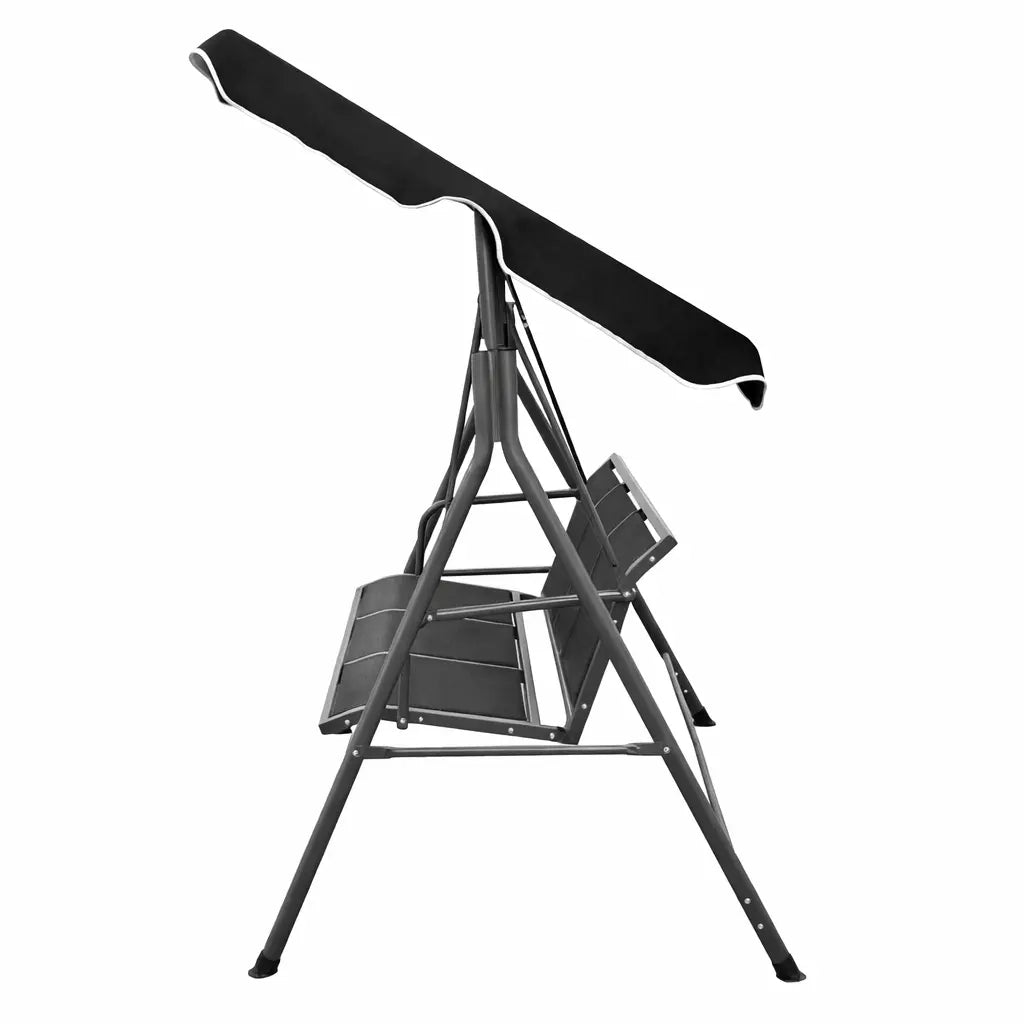Side View of Black Outdoor Garden Swing Bench with Canopy on White Background