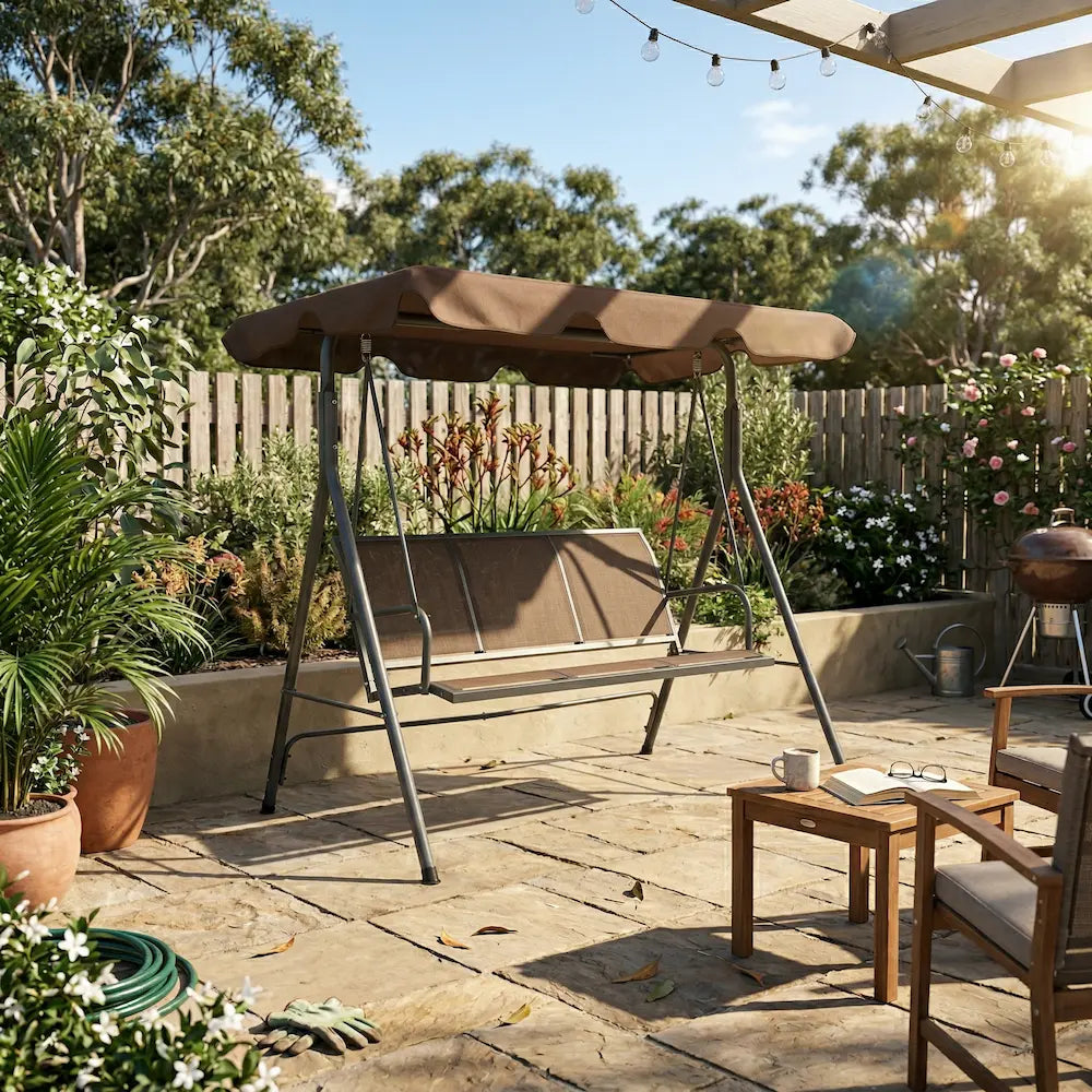 Coffee Outdoor Garden Swing Bench with Canopy on Australian Garden Patio