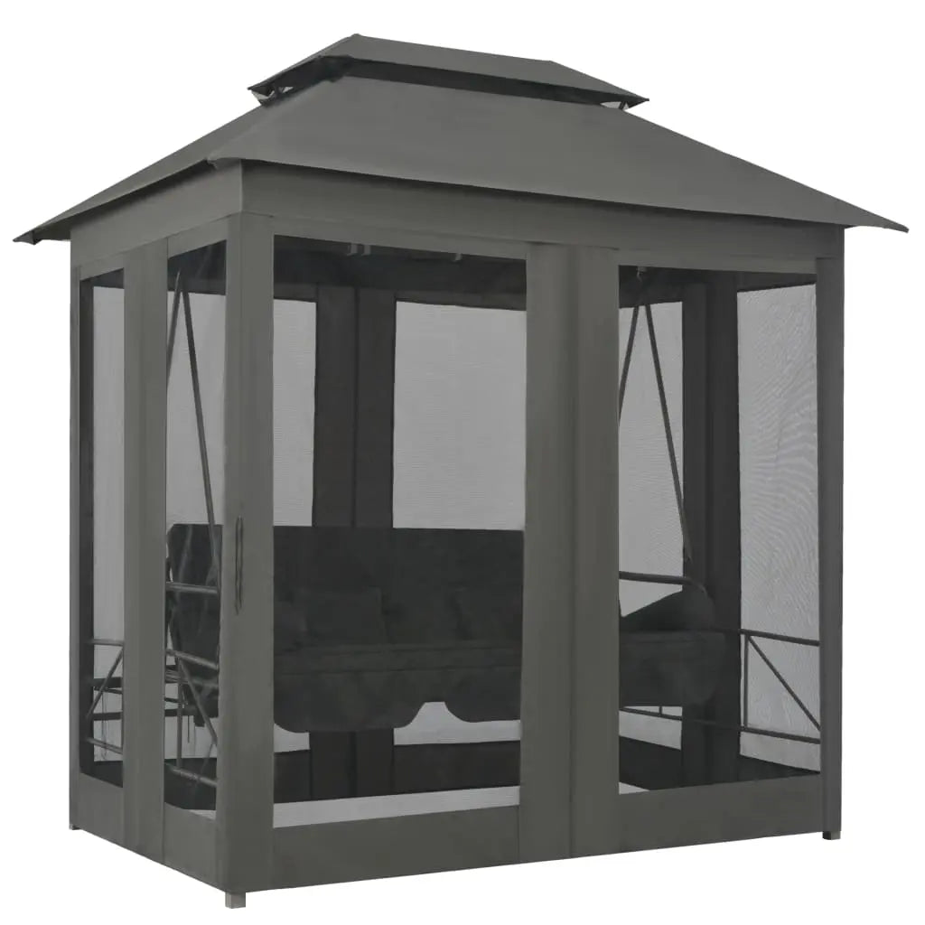 Curtains View of Anthracite Outdoor Convertible Swing Bench with Canopy on White Background
