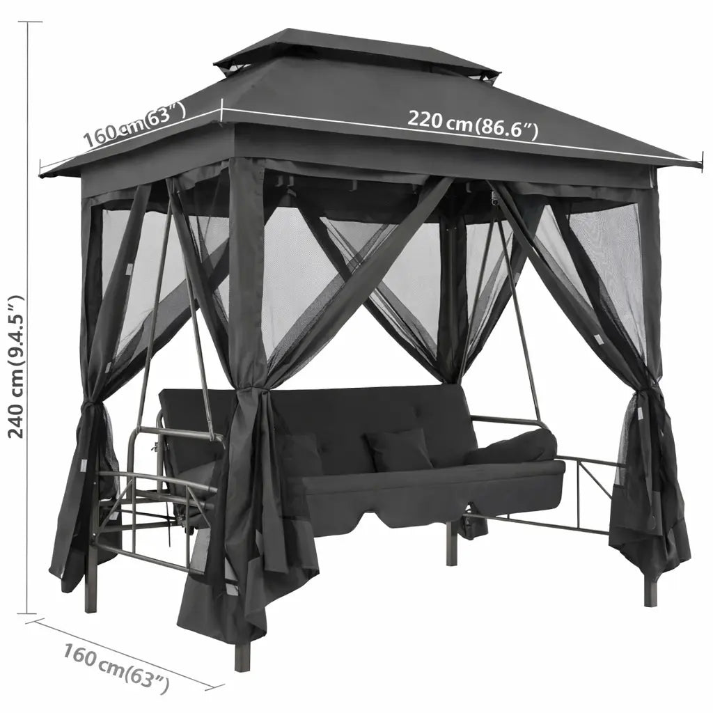 Dimensions of Anthracite Outdoor Convertible Swing Bench with Canopy on White Background