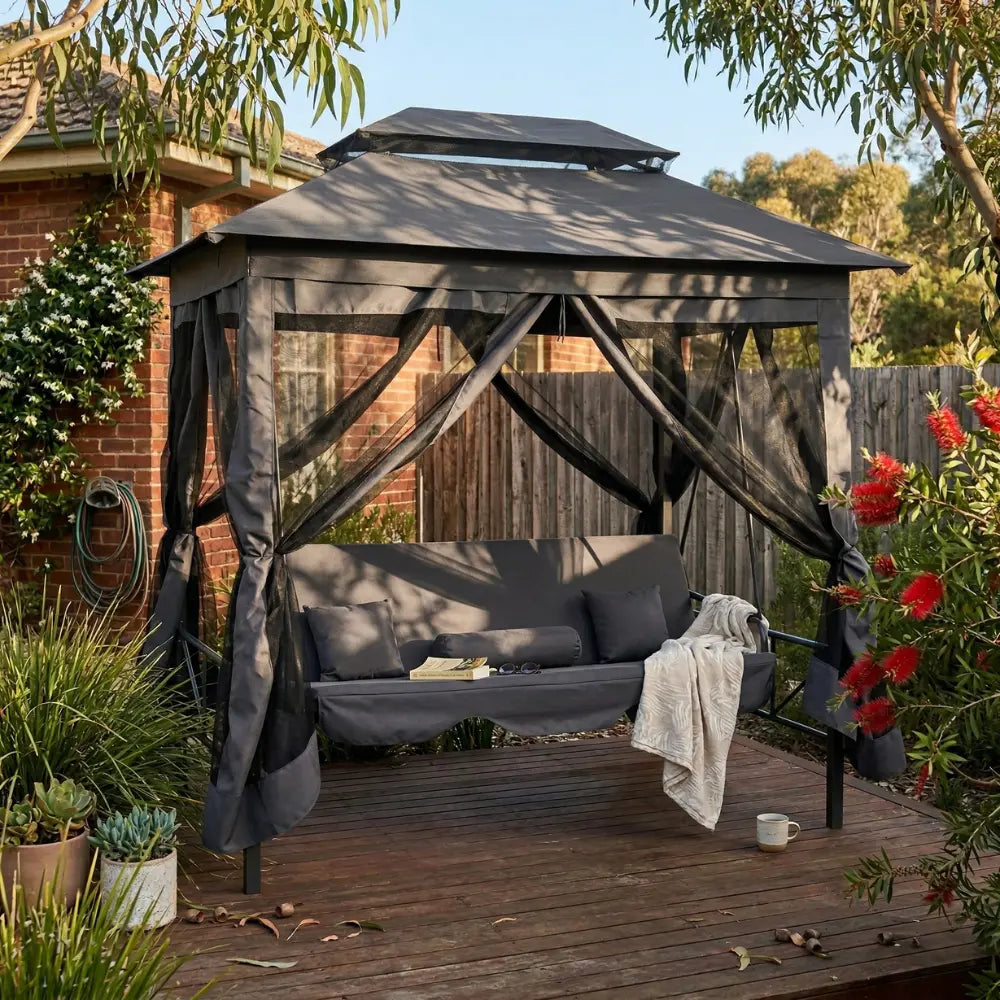 Anthracite Outdoor Convertible Swing Bench with Canopy in Australian Garden