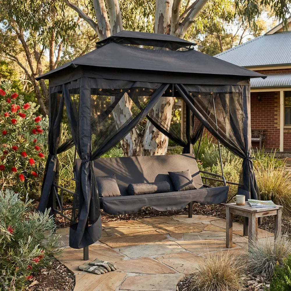 Anthracite Outdoor Convertible Swing Bench with Canopy in Garden