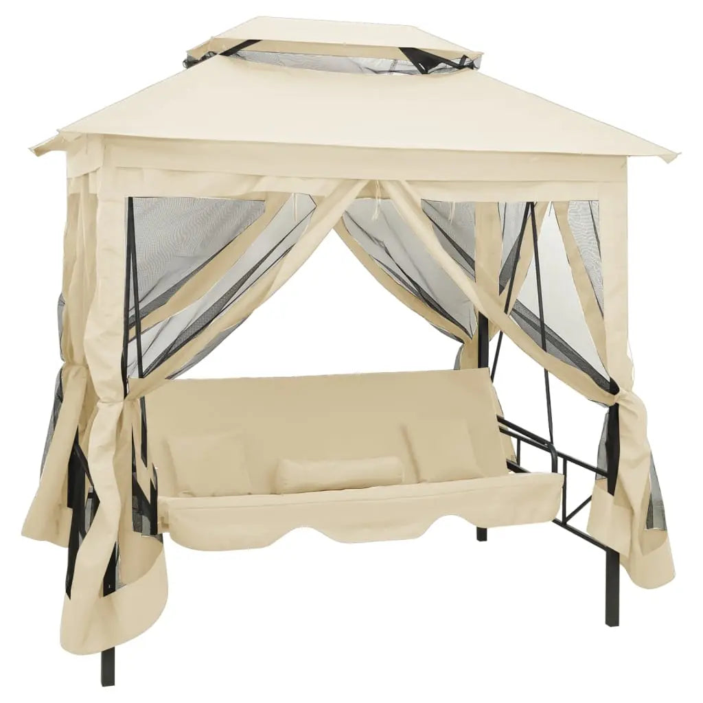 Cream White Outdoor Convertible Swing Bench with Canopy on White Background