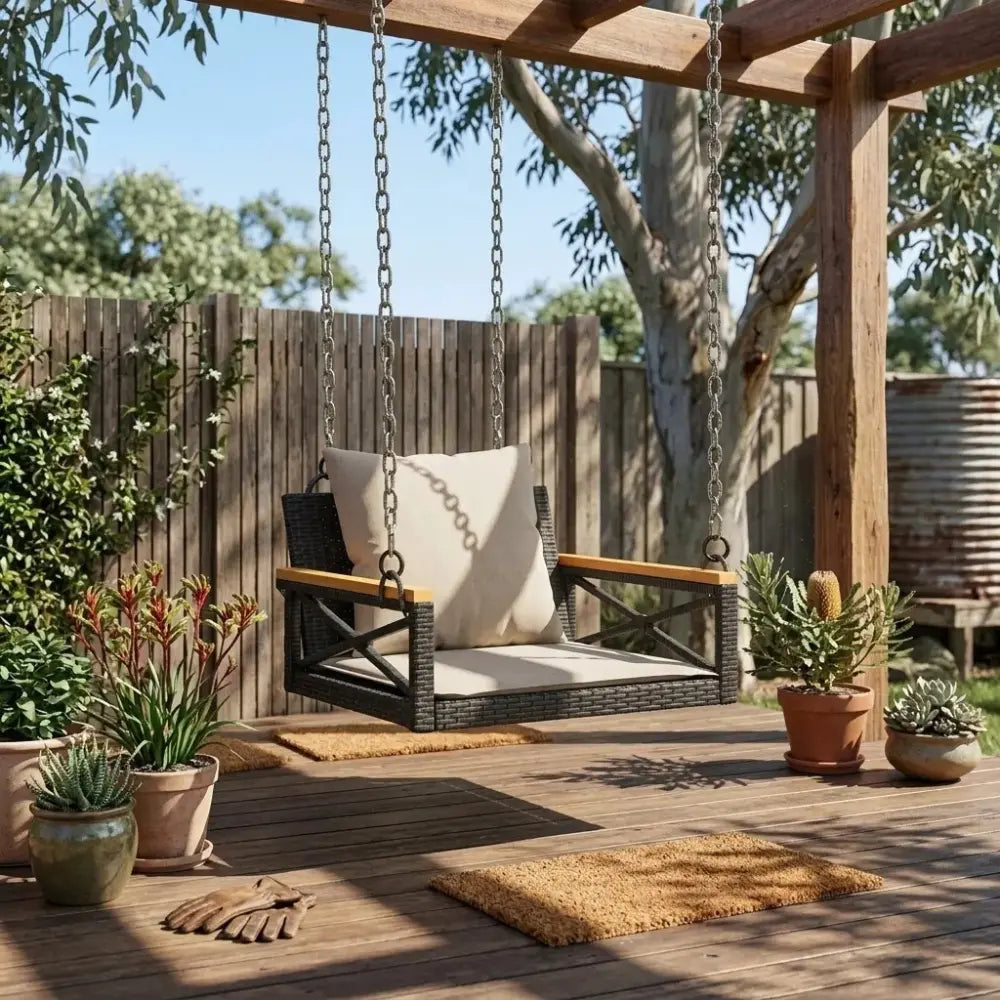 1 Seat Black and Cream Swing Bench with Cushion in Garden Patio