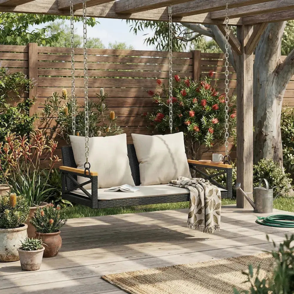 2 Seats Black and Cream Swing Bench with Cushions in Garden Patio