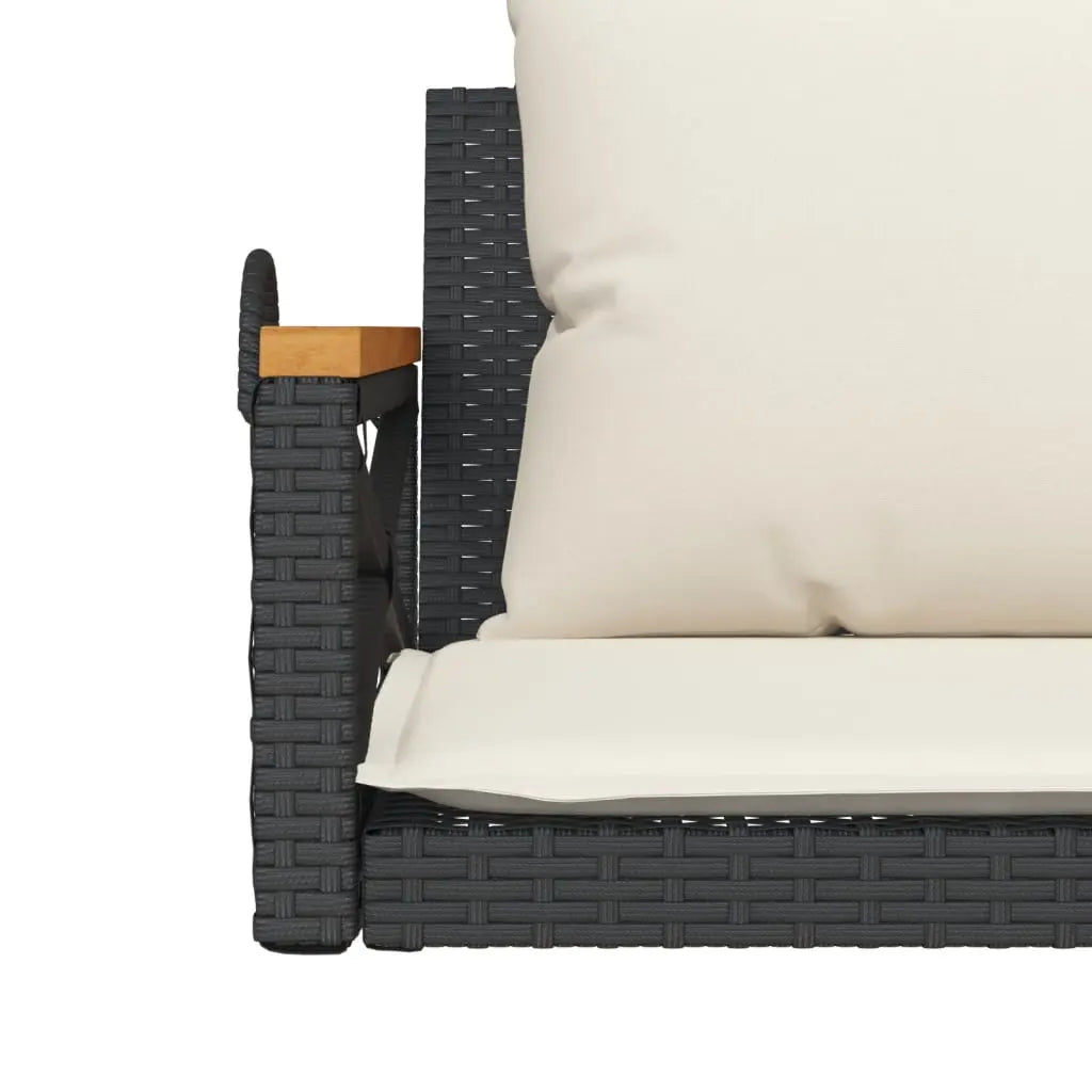 Close View of 2 Seats Black and Cream Swing Bench with Cushions on White Background